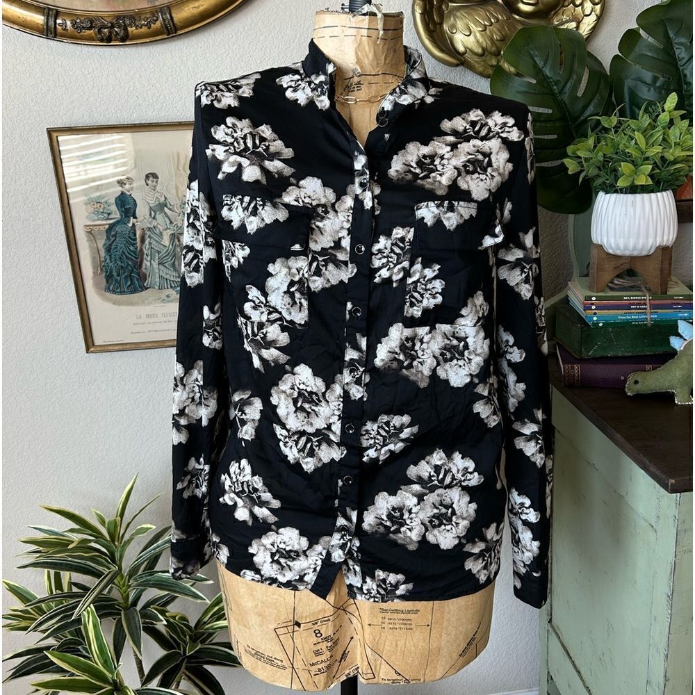 KENSIE Black Cream Rose Floral Button Up Long Sleeve Blouse Sz S Cottagecore‎